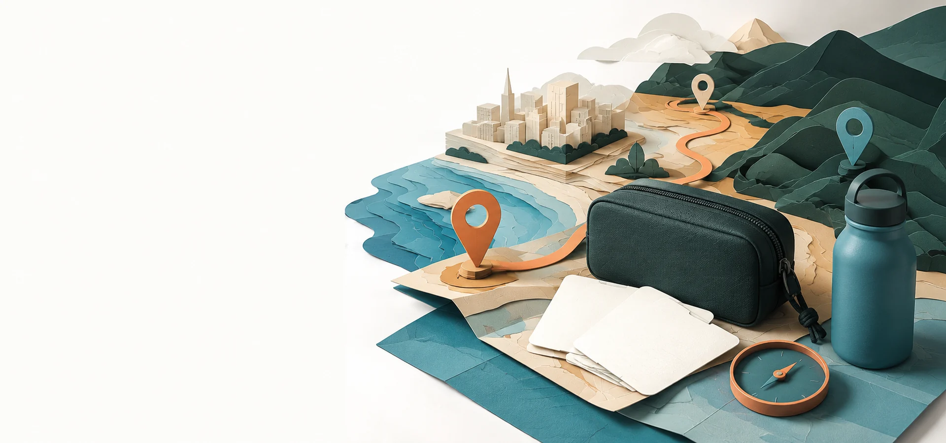 Folded paper terrain, route ribbons, pins, blank itinerary cards, and travel objects arranged for planning.