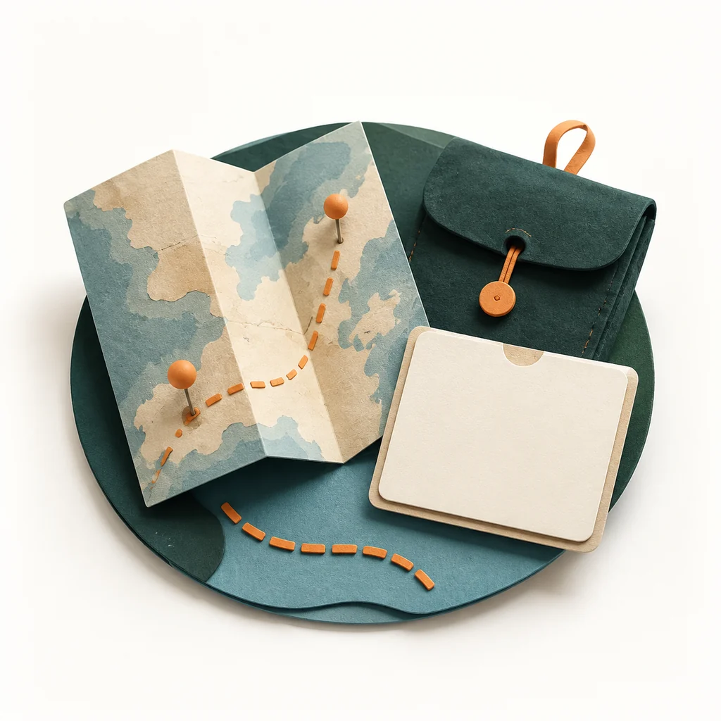 Folded paper map, a small pack and a blank itinerary card arranged for a short trip.