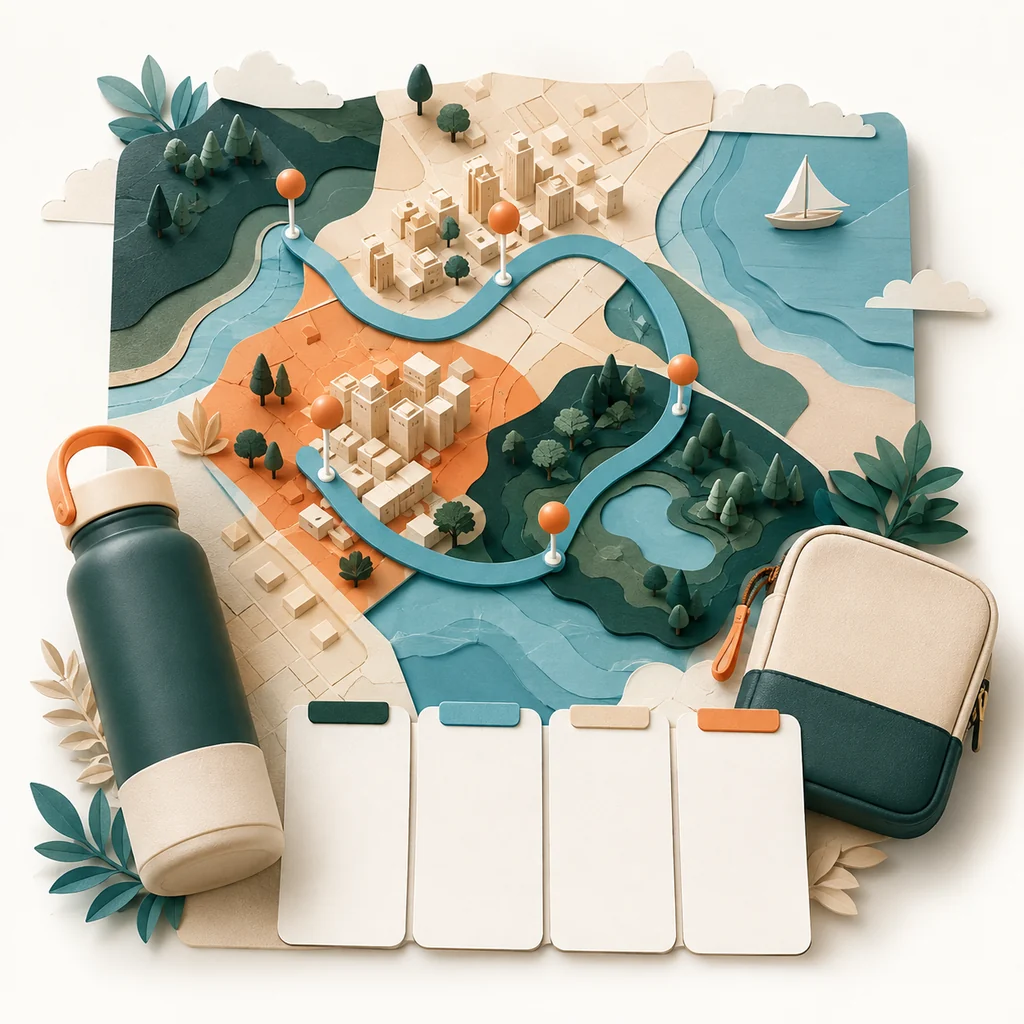 Paper city and river terrain with a water bottle, route pins and blank itinerary cards.