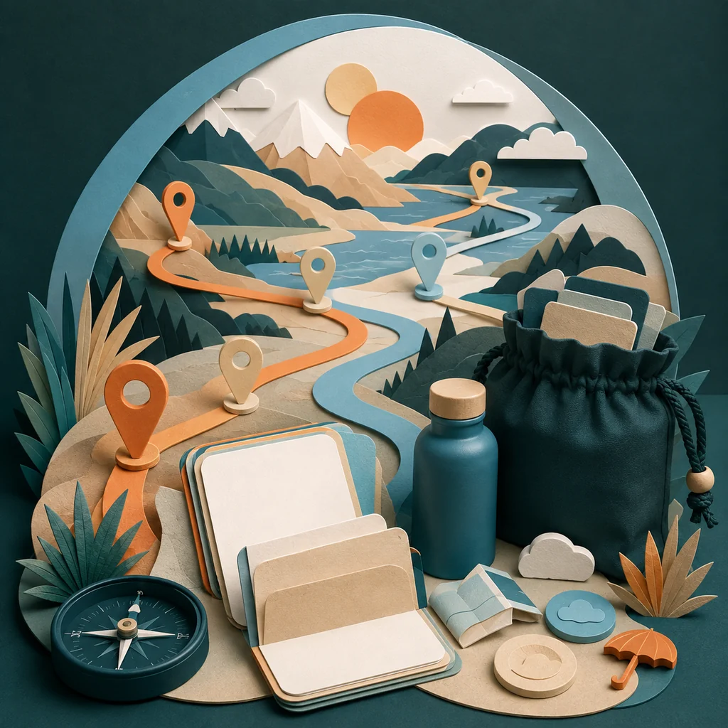 Layered paper mountains and sky inside a circular frame, with travel objects for a longer journey.